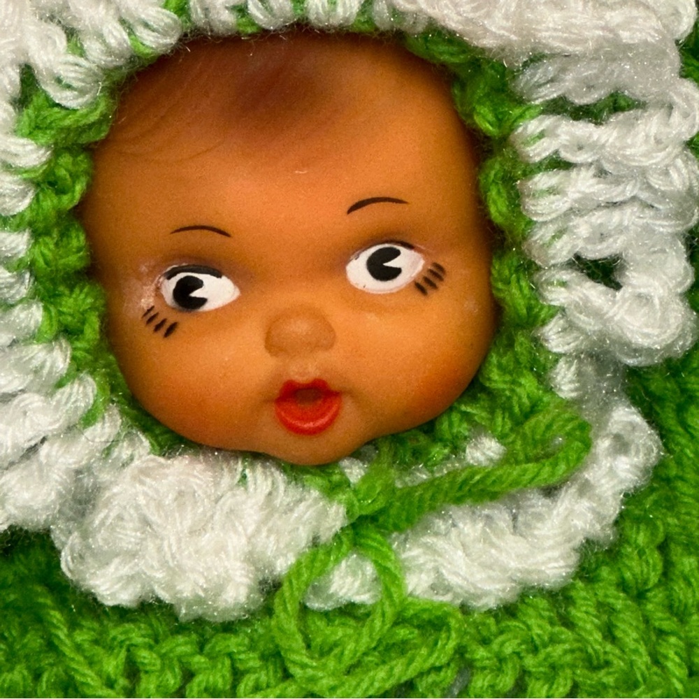Vintage Crochet Doll Bottle Green White Thumb Sucking Blanket Handmade - Picture 12 of 13